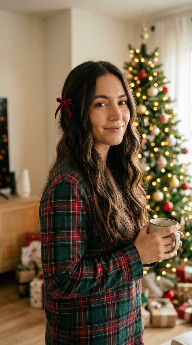 10 Easy Christmas Morning Hairstyles (Quick & Pretty) 10 Curly pineapple puff tied with a green satin scarf bow