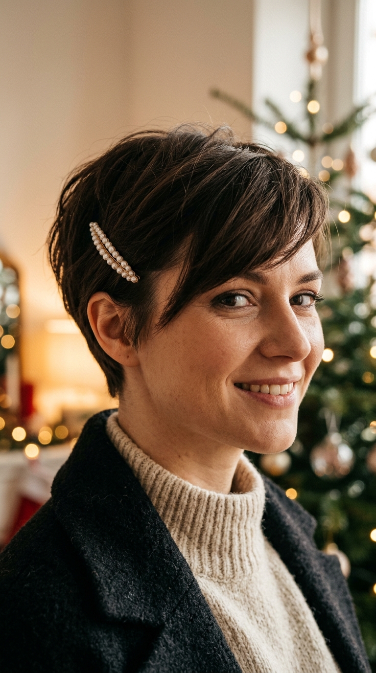 10 Christmas Hairstyles for Women (Easy Festive Ideas) 9 Textured pixie cut with a pearl hair clip above the ear