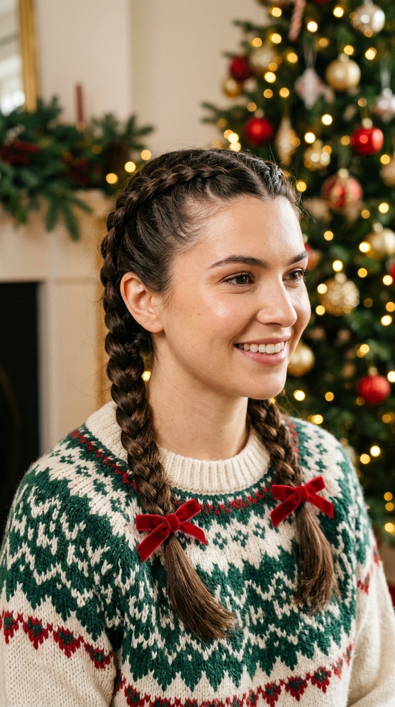10 Christmas Braids to Try This Season (Easy to Fancy) 5 Double Dutch Boxer Braids with Red Bows