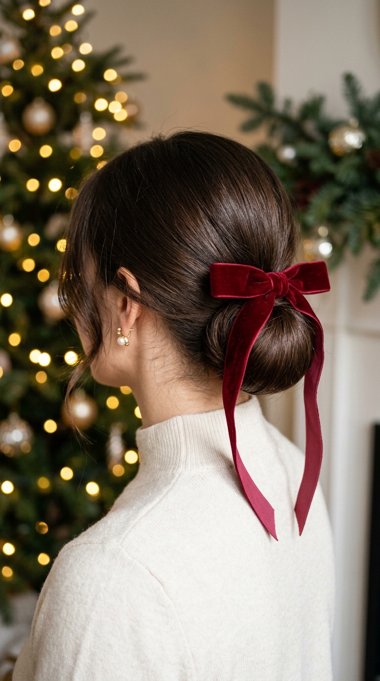 10 Christmas Party Updos for a Beautiful Holiday Look 2 Woman wearing red velvet ribbon 20261016004647