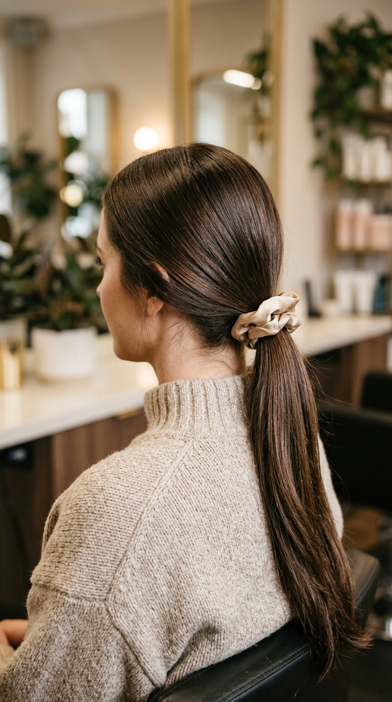 10 Winter Hairstyles for Long Hair That Stay Neat 7 Woman wearing satin scrunchie 20261013185637