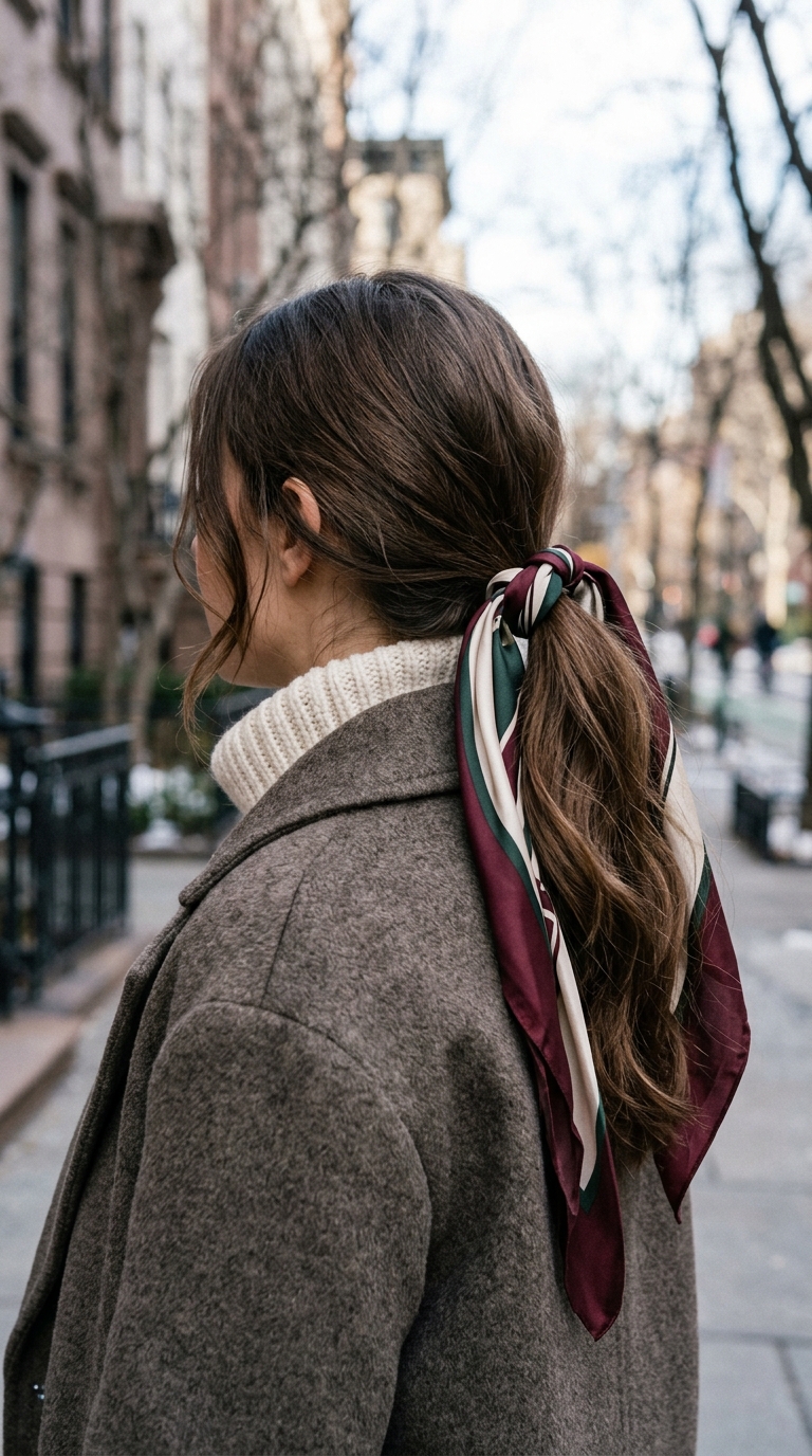 Woman wearing silk scarf ponytail 20261015234552