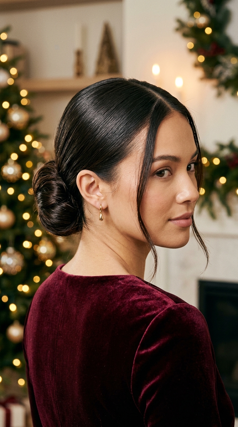 10 Christmas Hairstyles for Women (Easy Festive Ideas) 3 Side view of a sleek low chignon with soft face-framing strands