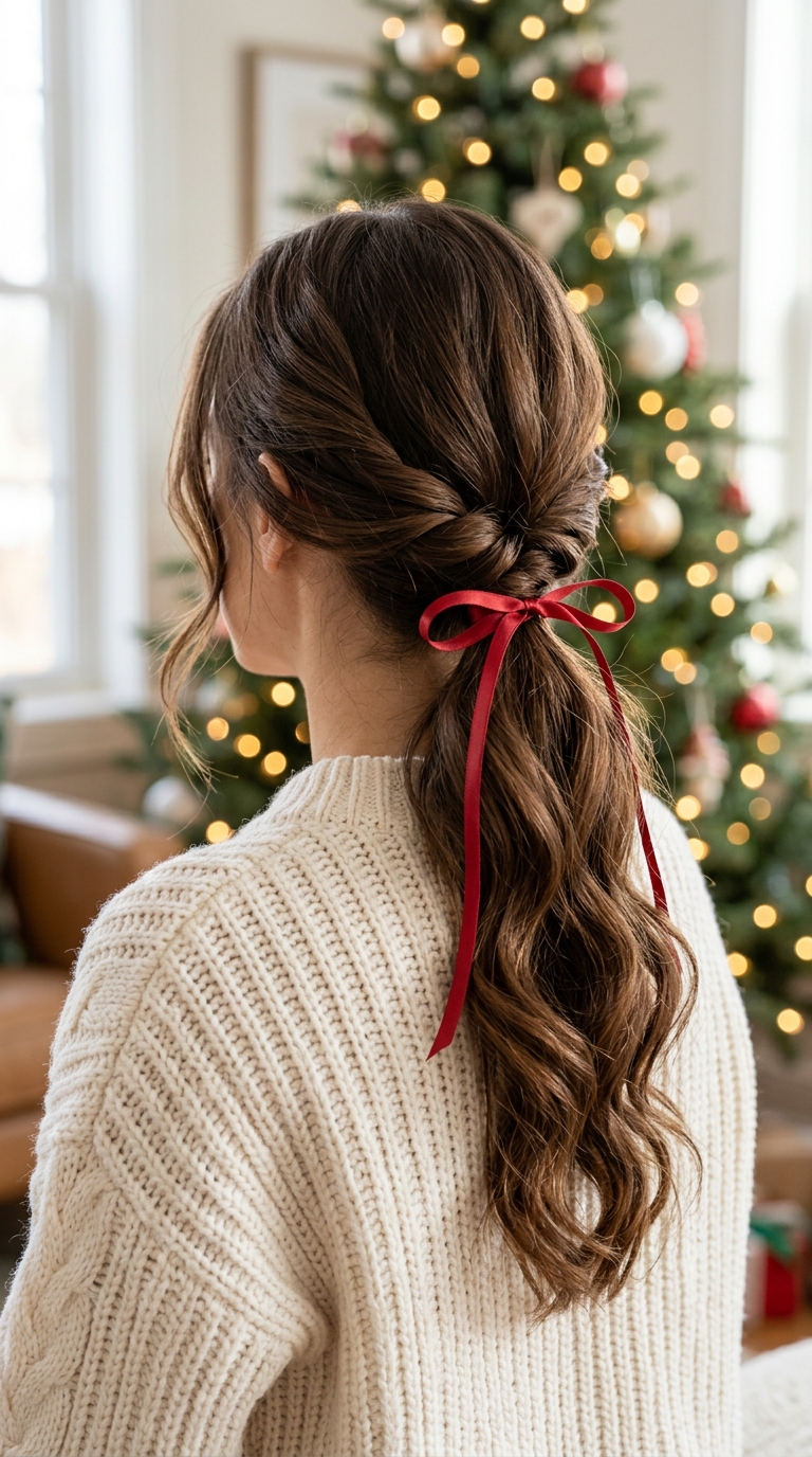 10 Christmas Hairstyles for Women (Easy Festive Ideas) 11 Low rope-twist ponytail tied with a thin red satin ribbon