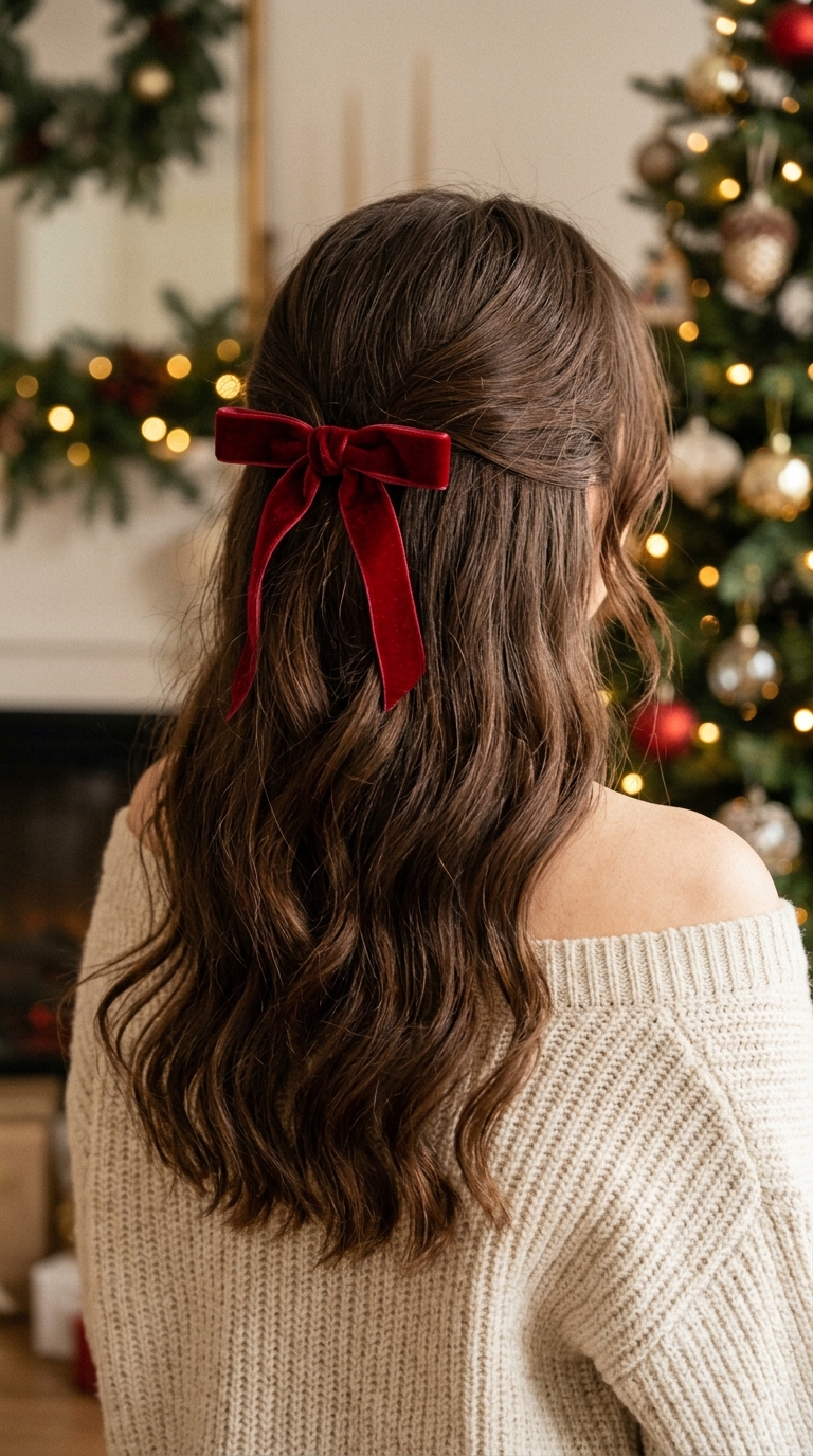 10 Christmas Hairstyles for Women (Easy Festive Ideas) 4 Half-up hairstyle with a red velvet bow on long brown hair