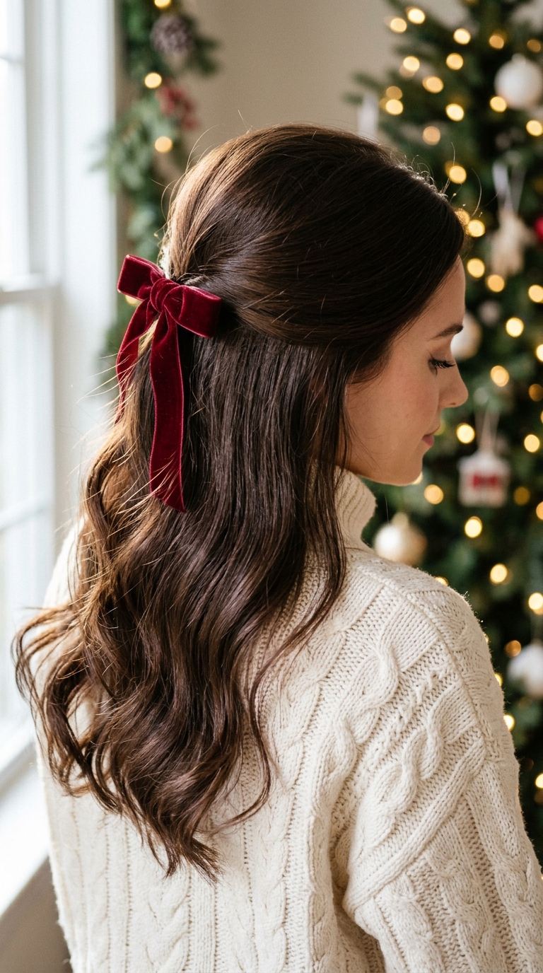 10 Easy Christmas Morning Hairstyles (Quick & Pretty) 6 Half-up ponytail with a red velvet ribbon on wavy hair