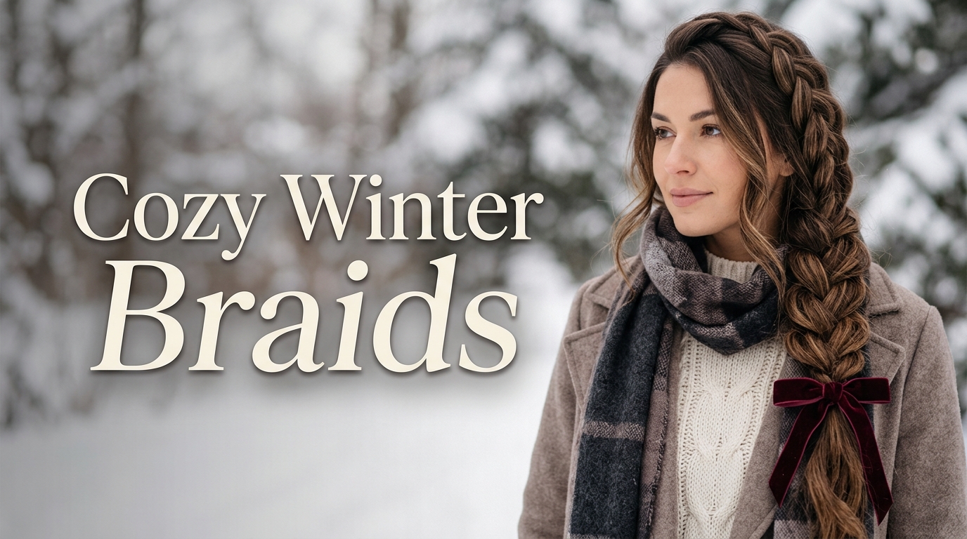 Cozy Winter Braids: 10 Beautiful Cold-Weather Styles 18 Cozy winter braids featuring a loose brunette side braid tied with a burgundy velvet ribbon and styled with a warm winter scarf.
