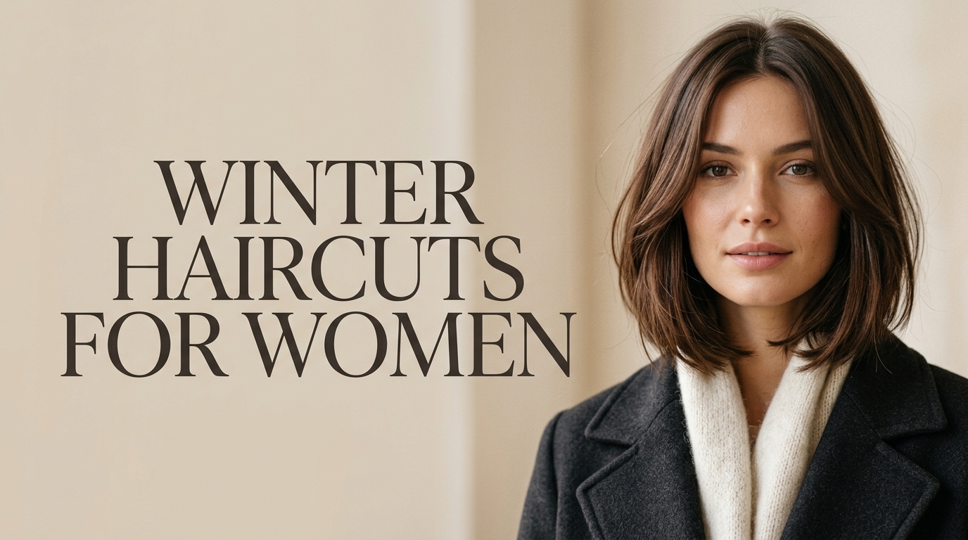 10 Winter Haircuts for Women That Are Easy to Style 1 Winter haircuts for women featuring a glossy angled brunette lob styled with a cozy winter coat and scarf.