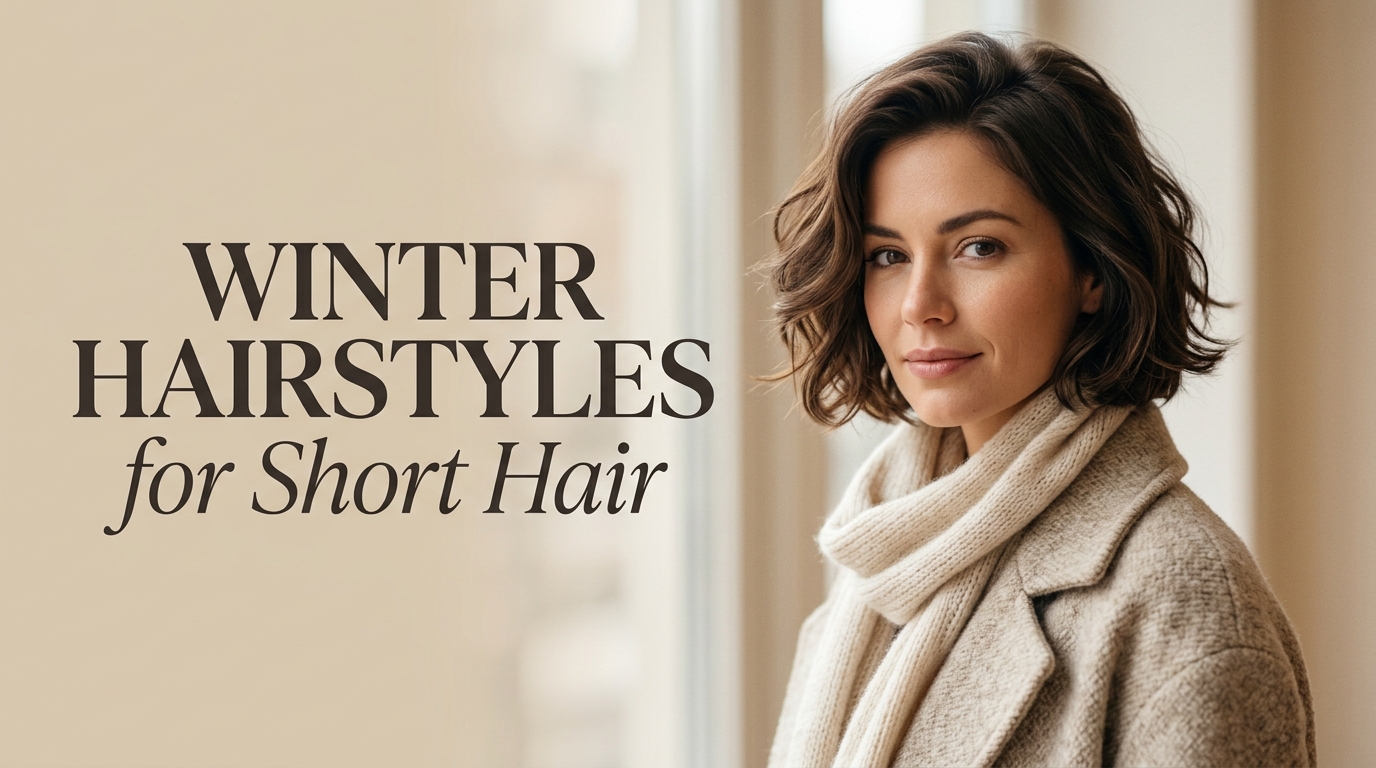 Winter hairstyles for short hair featuring a textured brunette bob with soft waves and cozy winter clothing