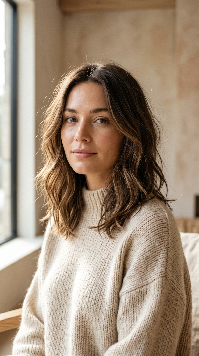 10 Winter Haircuts for Women That Are Easy to Style 11 Woman wearing winter knitwear po… 20261013190503