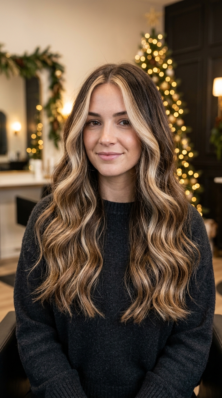 10 Christmas Hairstyles for Women (Easy Festive Ideas) 6 Woman with champagne blonde money piece highlights framing her face
