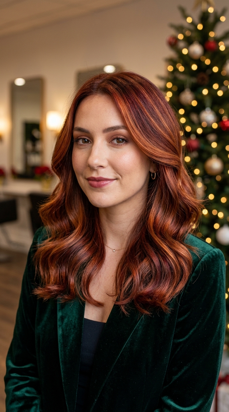10 Christmas Hairstyles for Women (Easy Festive Ideas) 5 Shoulder-length hair in glossy copper with cranberry tones in warm light