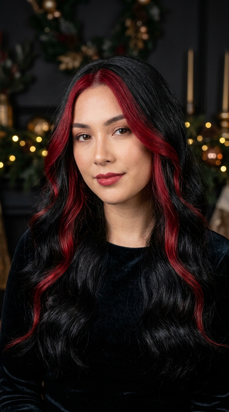 Christmas Hair Color Ideas: Cherry Red, Burgundy and More 10 Red Face-Framing Highlights on Black Hair